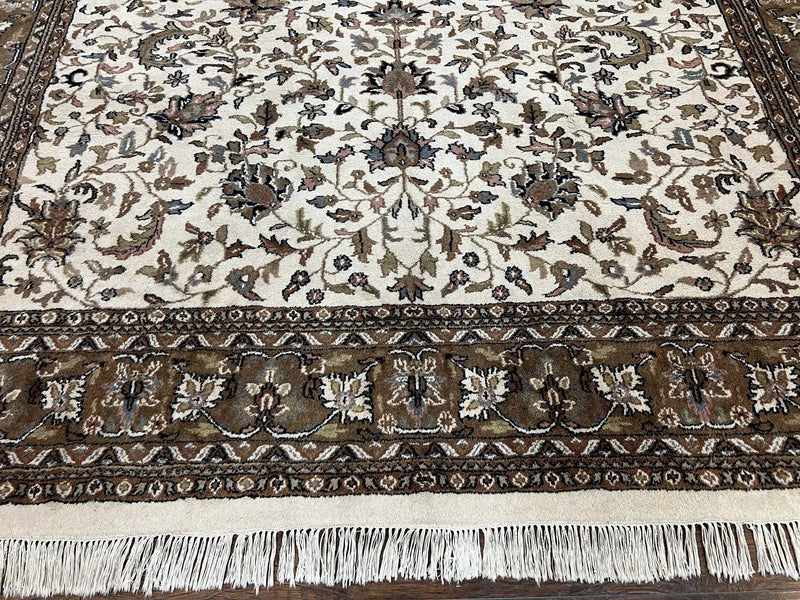 Indo Kirman Rug 8x12 Allover Floral Design, Ivory/Cream Brown, Vintage Handmade Hand Knotted Rug, Traditional Wool Persian Carpet 8 x 12 by Jewel Rugs