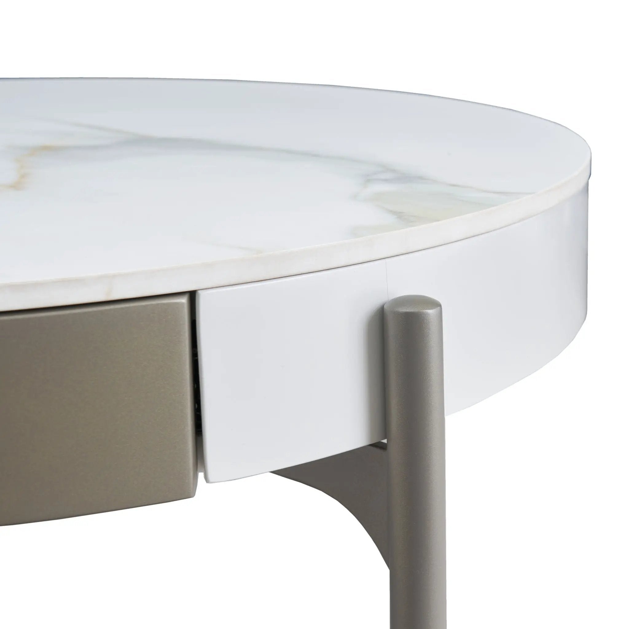 Modern Round Coffee Table With Storage Drawers Handcrafted Ceramic Inlay Tabletop 2 Tone Wood Legs Scandinavian Living Room Center Table - White / Gray by HouseOfZazla