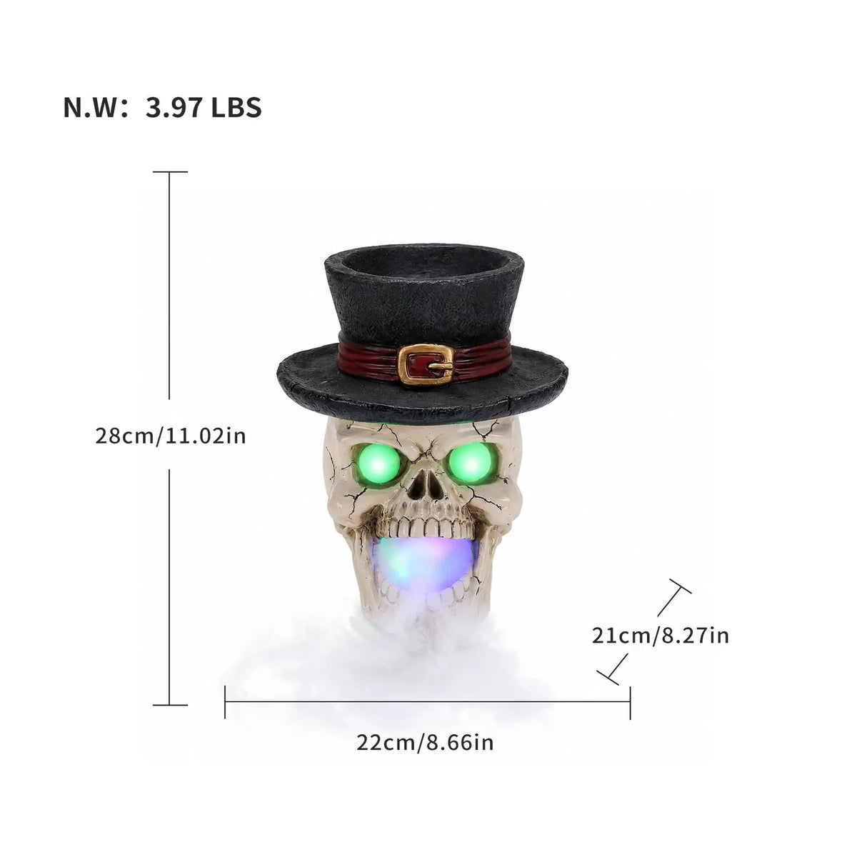 LED Light-Up Skull with Top Hat & Mist Maker by HouseOfZazla