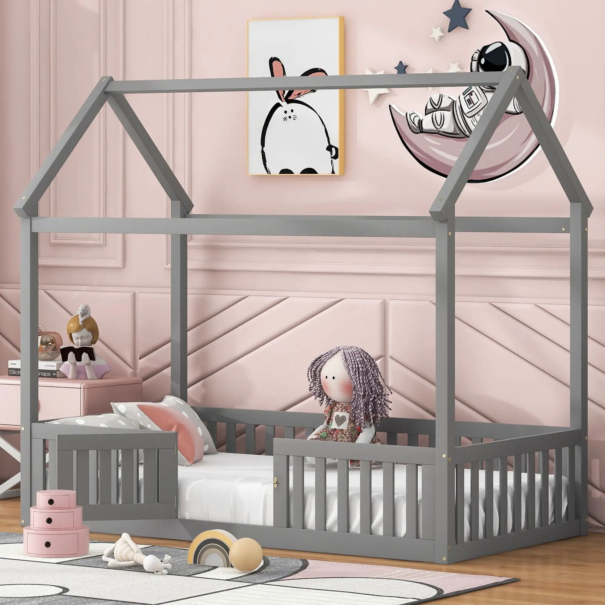 Wood House Bed With Fence And Door by Unique Piece Furniture