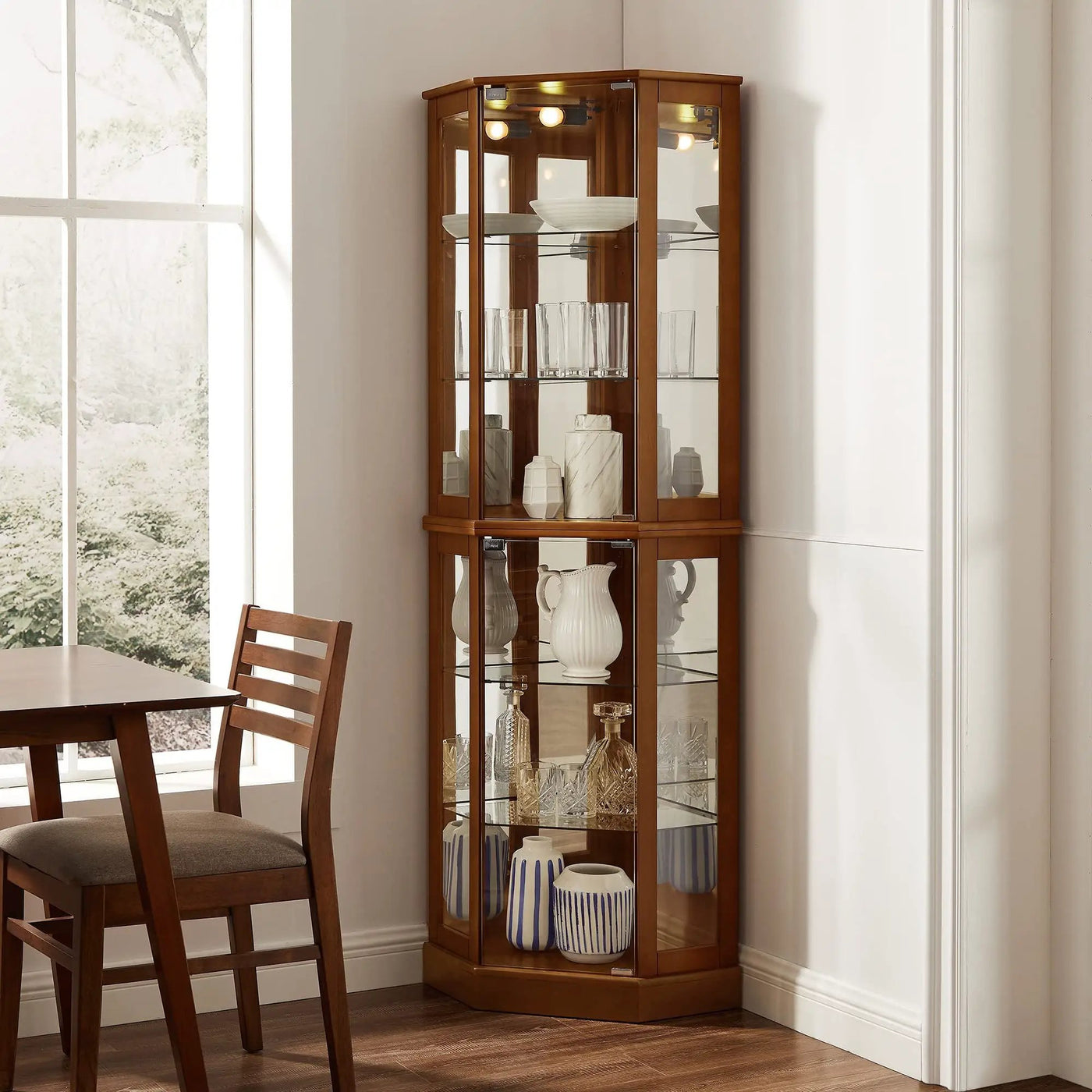 6 Shelf Corner Curio Display Cabinet With Lights, Mirrors And Adjustable Shelves (E26 Light Bulb Not Included) by Unique Piece Furniture