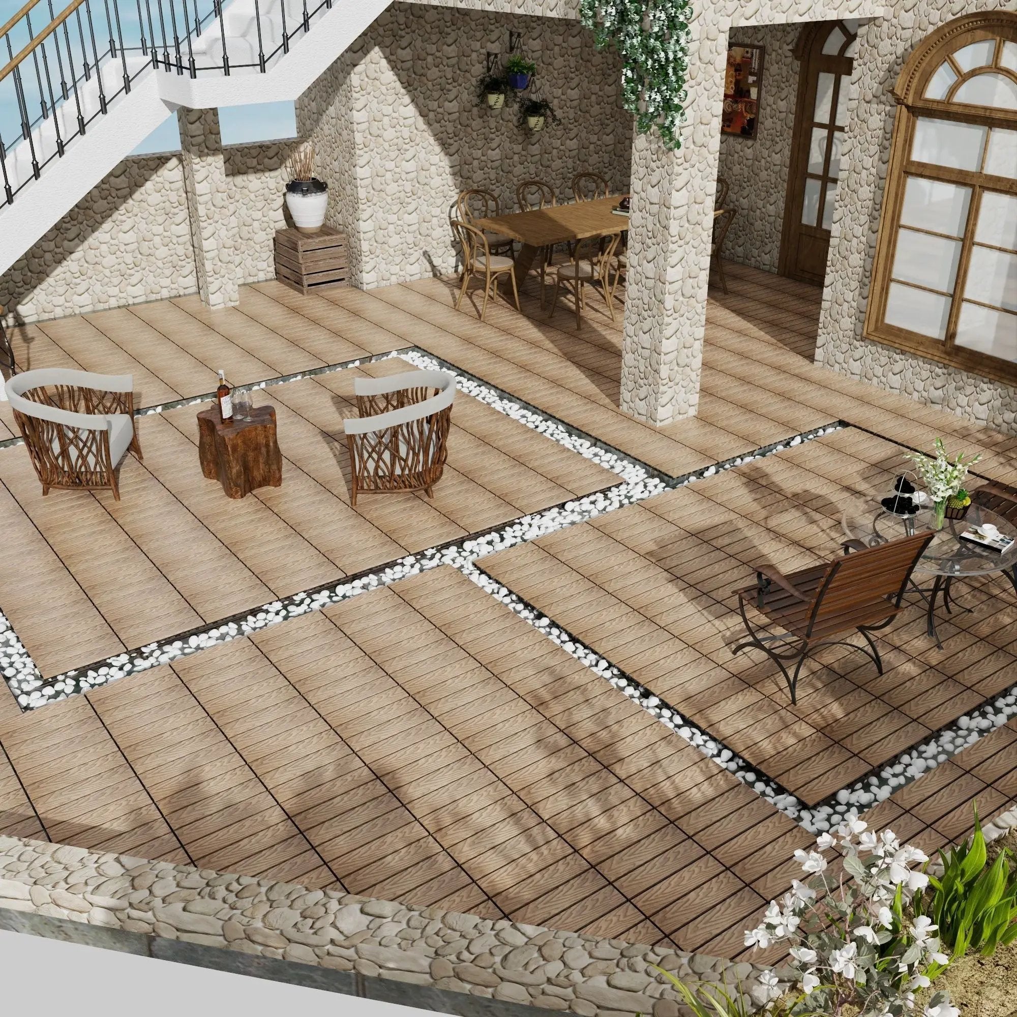 Patio Deck Tiles, Interlocking Diy Flooring For Indoor / Outdoor Use (Set of 22) - Teak by HouseOfZazla