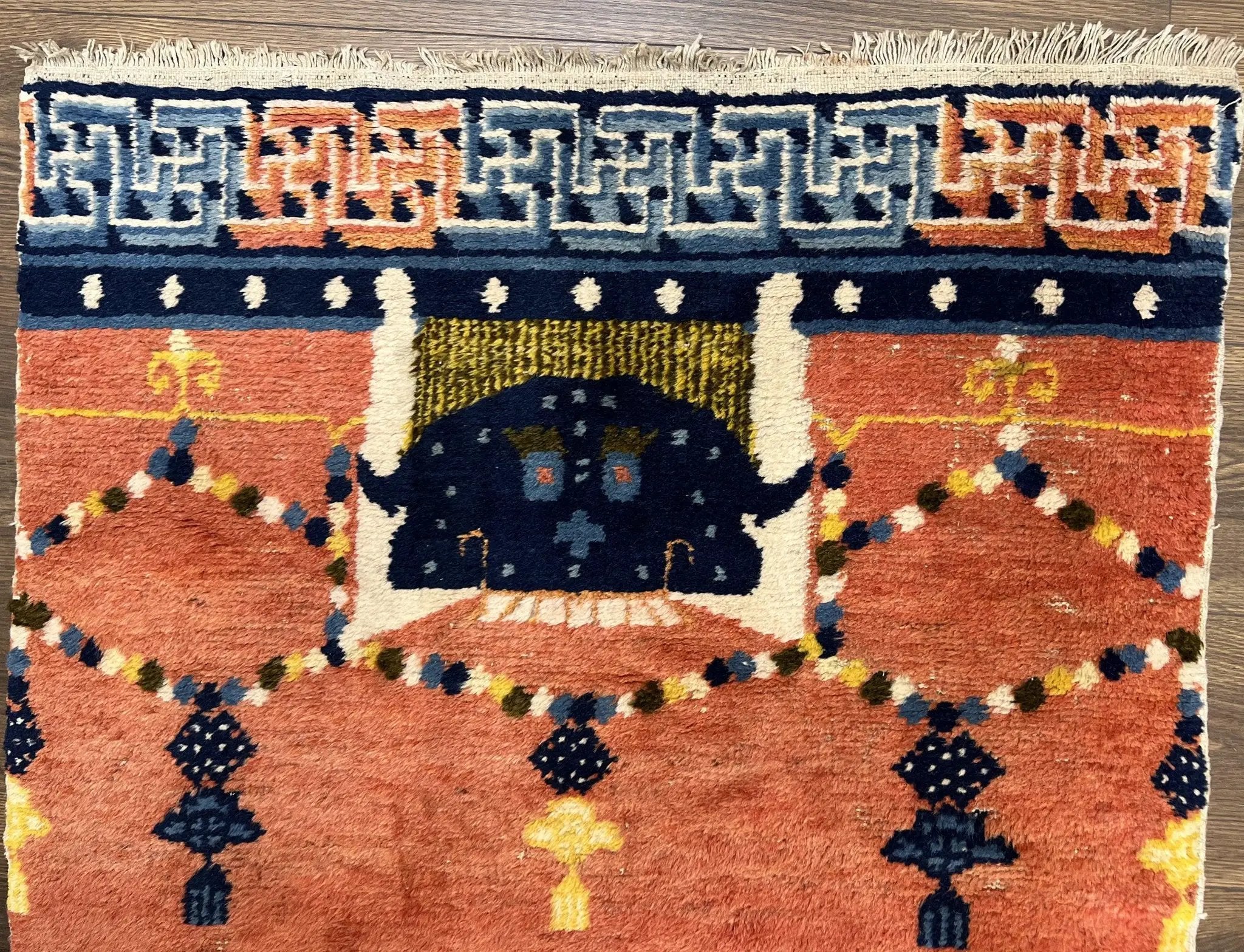 Rare Chinese Ningxia Pillar Rug 3x8, Late Qing Dynasty, 5 Clawed Dragon, Cloud Rainbow Border, Collectible Antique Carpet, Wool Hand Knotted by Jewel Rugs
