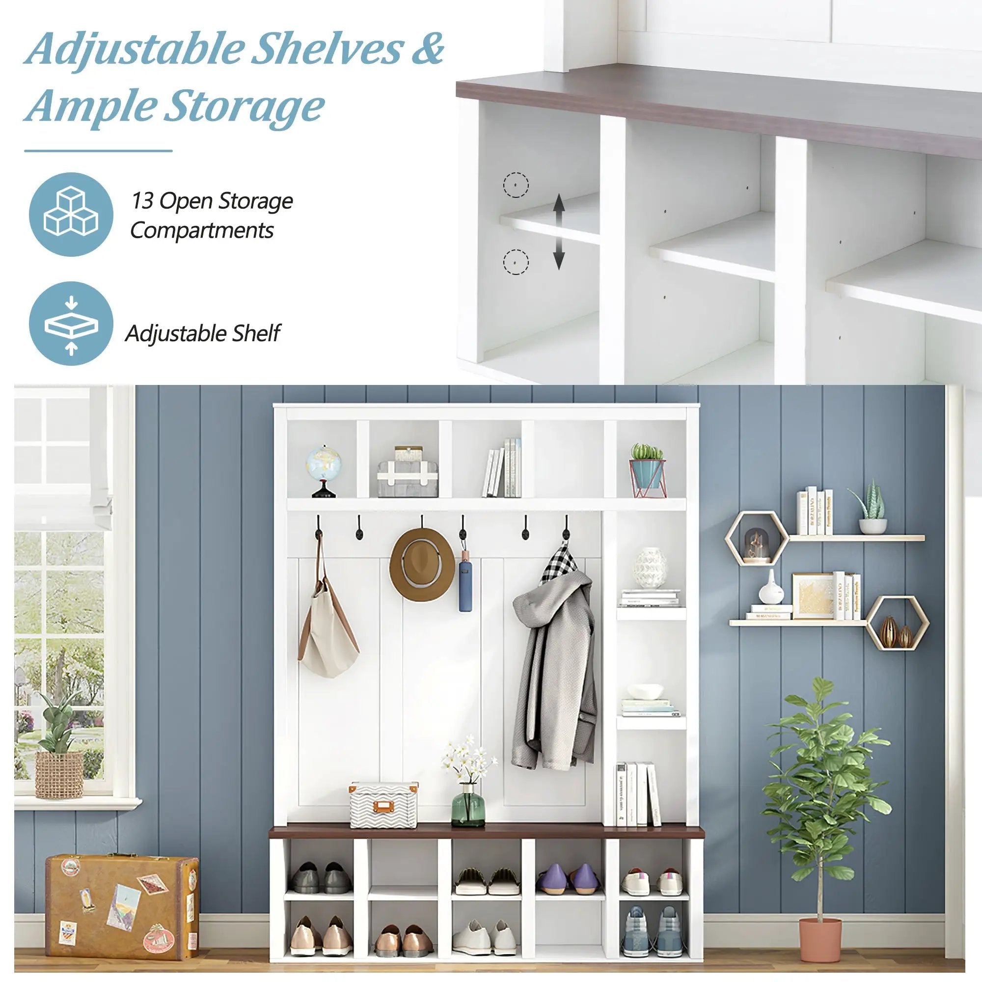 Farmhouse Wooden Hall Tree with 6 Hooks by HouseOfZazla