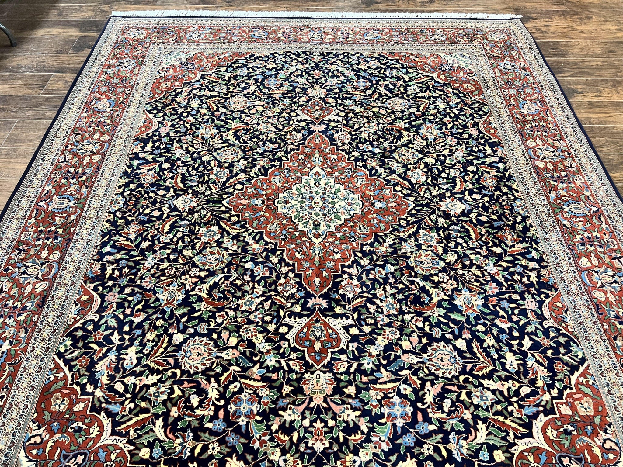 Indo Persian Rug 8x10, Floral Medallion, Vintage Handmade Wool Carpet, Navy Blue and Red, Fine 300 KPSI by Jewel Rugs