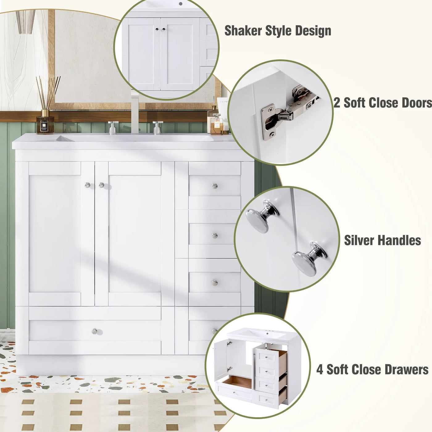 Shaker Free Standing Bathroom Vanity Cabinet With Sink, Soft Close Drawers, Soft Close Doors by Unique Piece Furniture