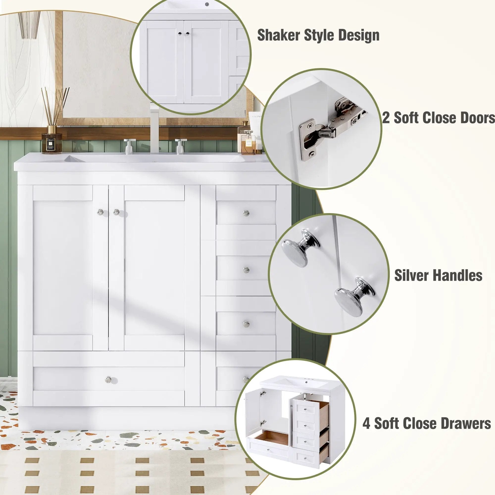 Shaker Free Standing Bathroom Vanity Cabinet With Sink, Soft Close Drawers, Soft Close Doors by Unique Piece Furniture