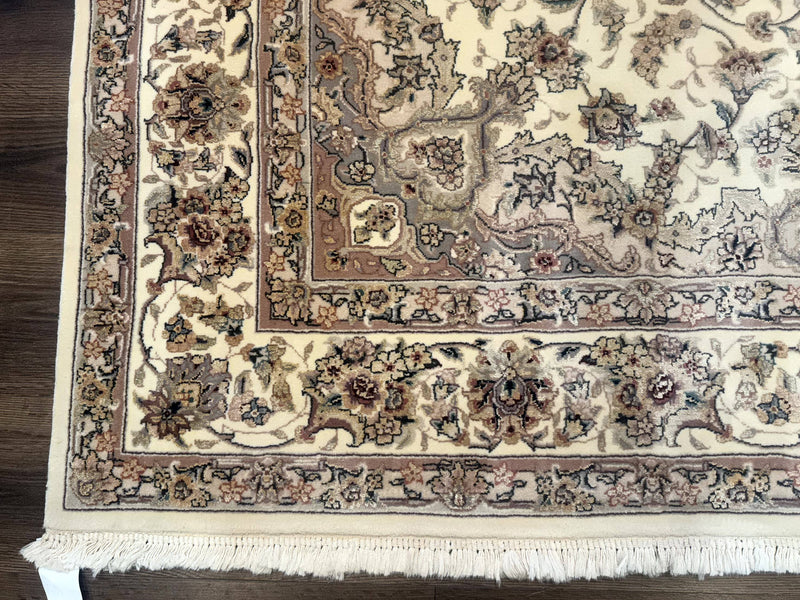 Sino Persian Rug 6x9, Floral Medallion, Ivory & Taupe, Wool with Silk Highlights, Fine 210 KPSI by Jewel Rugs