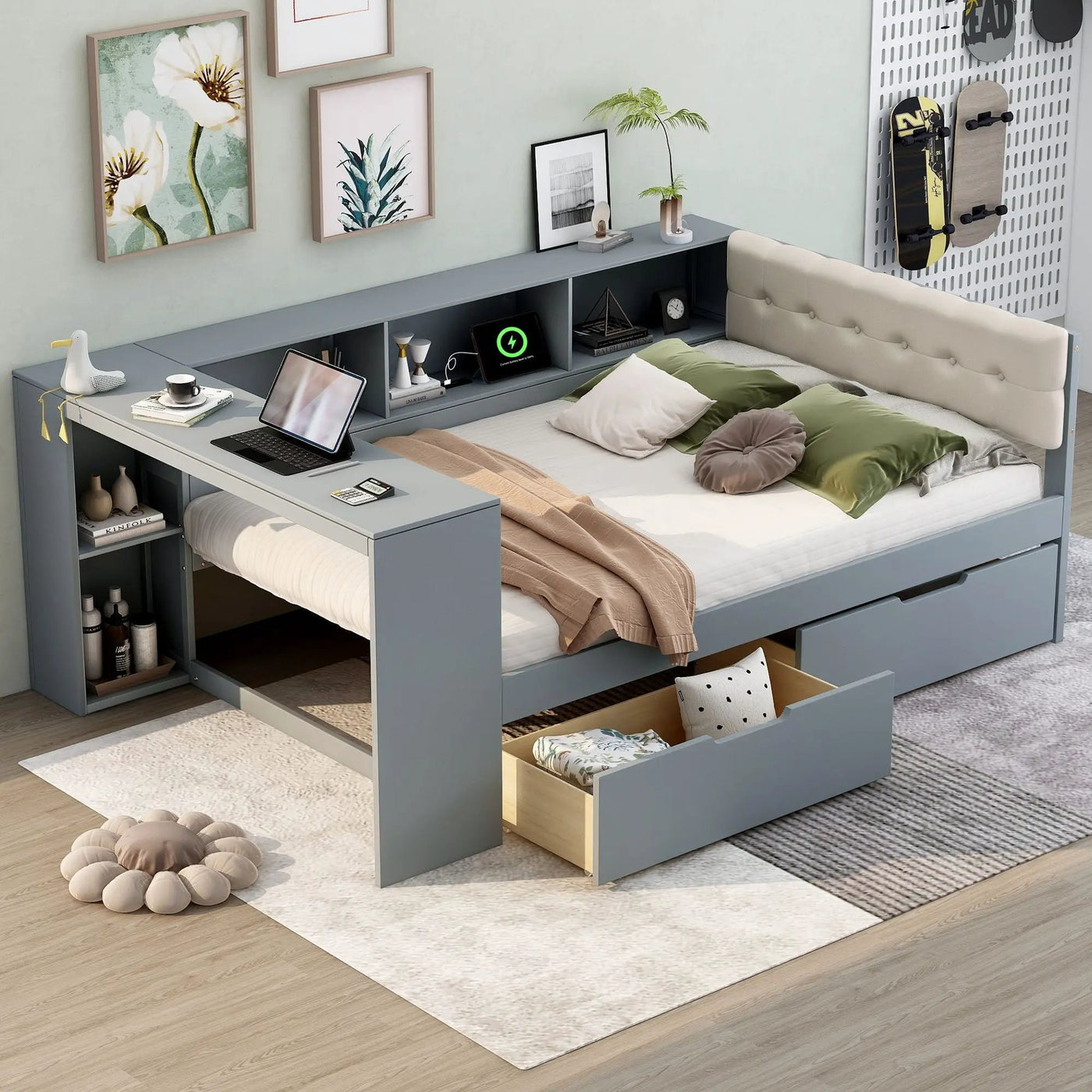 Upholstered Headboard Platform Bed With Storage Shelves, Drawers, Charging Station by Unique Piece Furniture