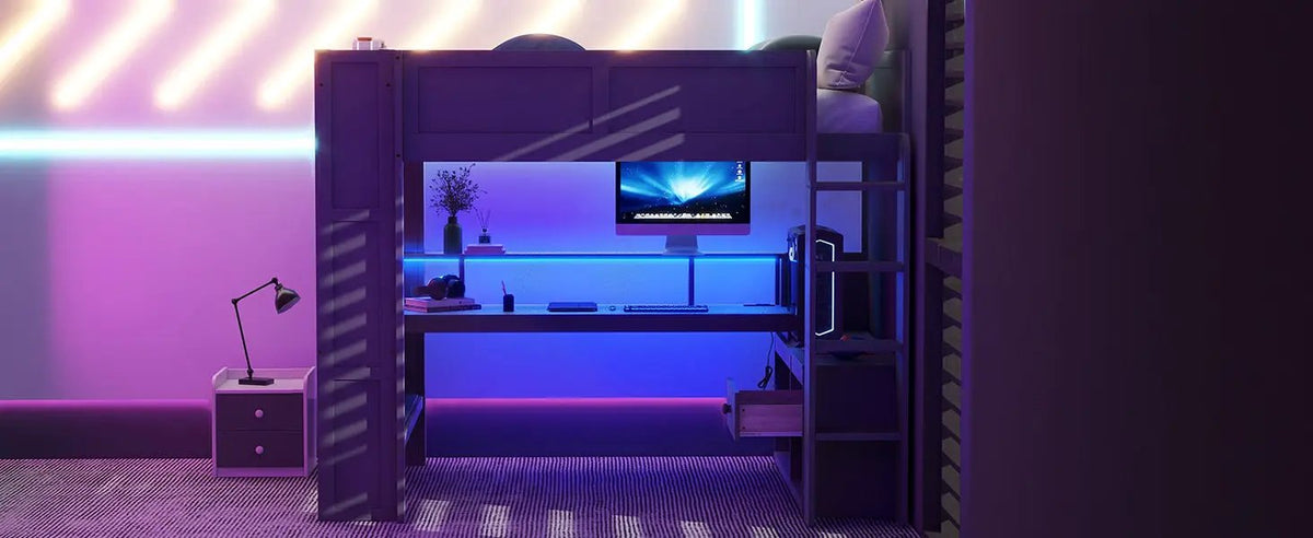 Wood Full Size Gaming Loft Bed with Desk, Multi-storage Shelves, LED and Charging Station, photo 10 of 10