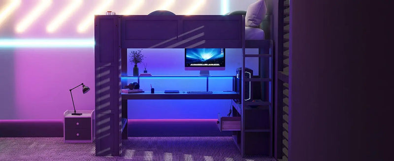 Wood Full Size Gaming Loft Bed with Desk, Multi-storage Shelves, LED and Charging Station, photo 10 of 10