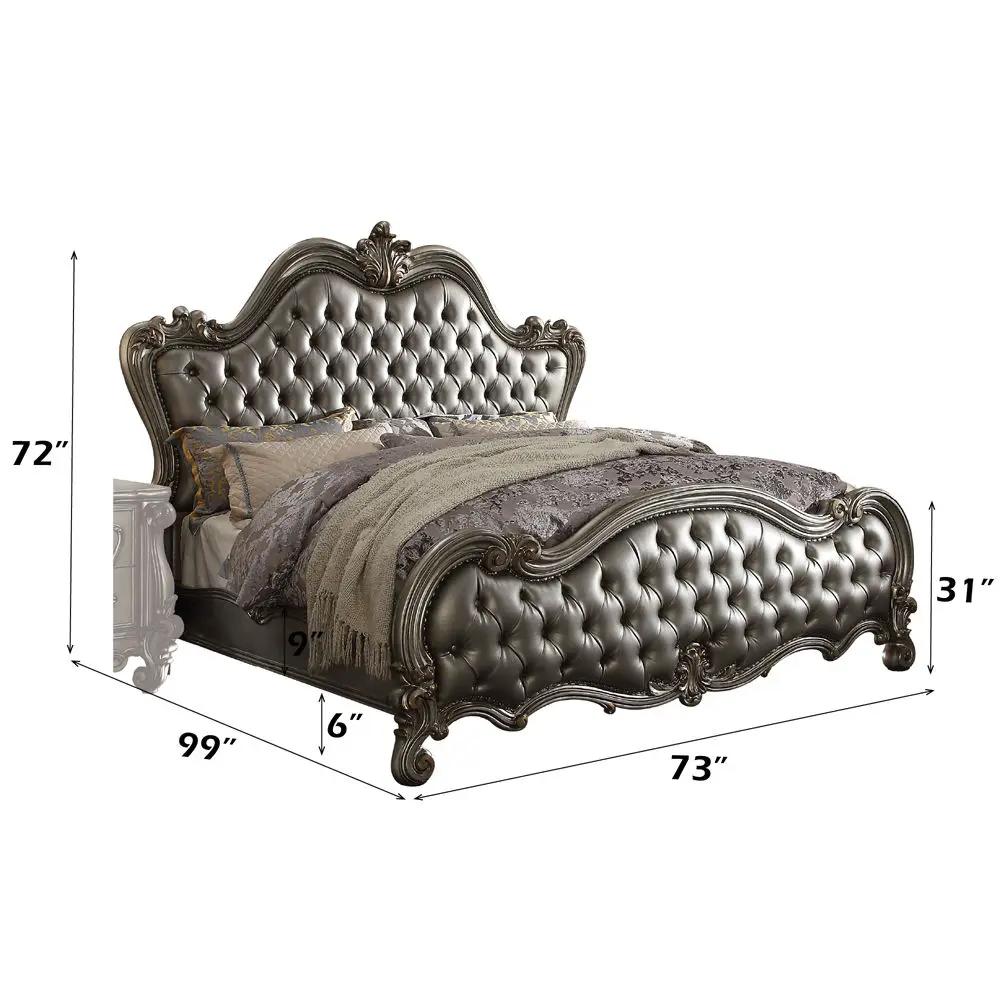 Versailles II - Queen Bed - Silver Synthetic Leather & Antique Platinum by Unique Piece Furniture