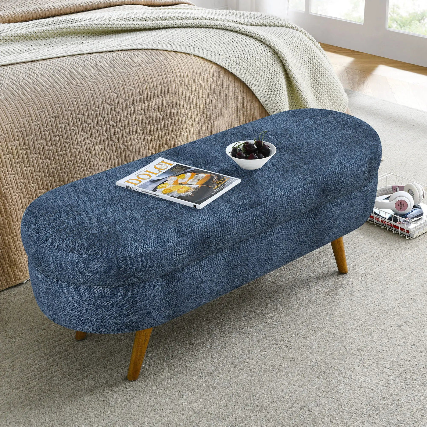 Modern Ottoman Oval Storage Bench With Rubber Wood Legs by Unique Piece Furniture