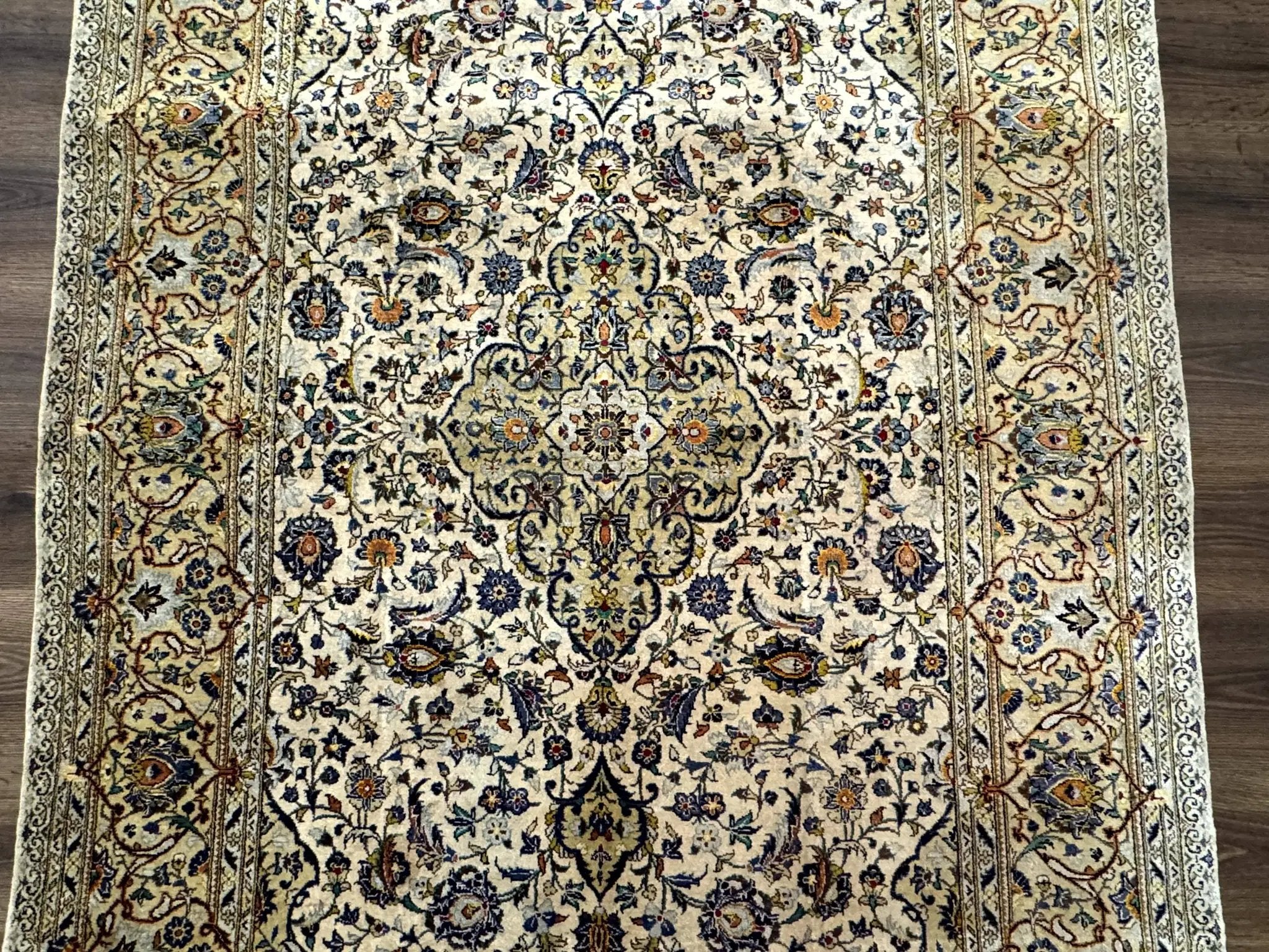 Rare Silk Persian Kashan Rug 4.6 x 7, Antique Fine 310 KPSI, Ivory by Jewel Rugs