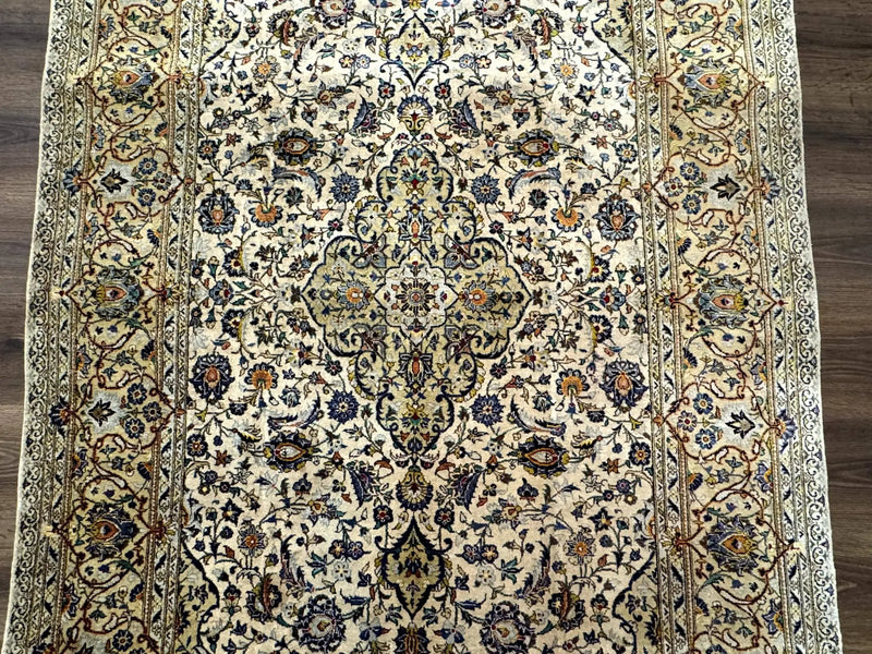 Rare Silk Persian Kashan Rug 4.6 x 7, Antique Fine 310 KPSI, Ivory by Jewel Rugs