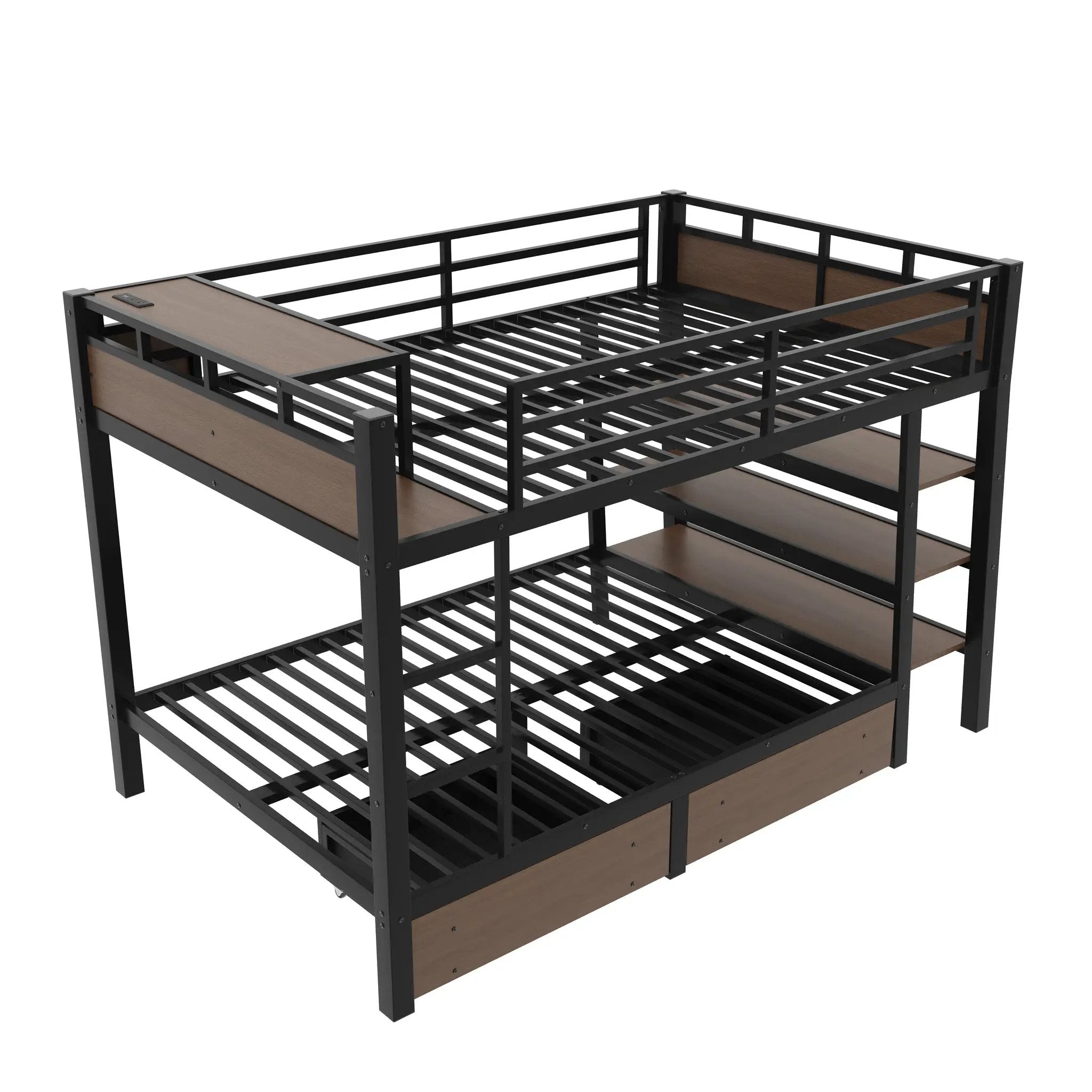 Full Size Metal Bunk Bed with Storage Shelves and USB Power Strip by HouseOfZazla