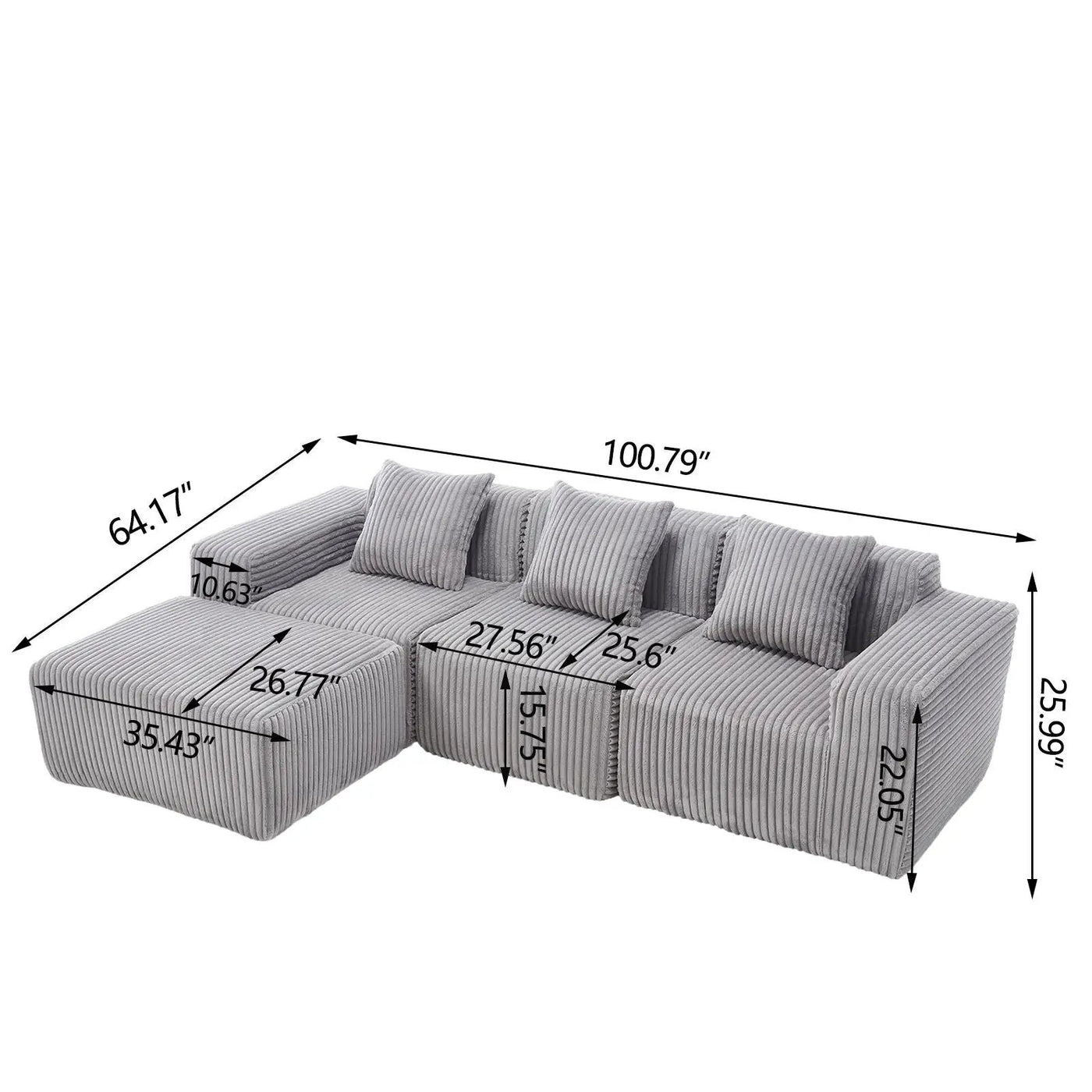 L - Shape Modern Minimalist Modular Sectional Sofa, Upholstered Cloud Couch With Deep Seats by Unique Piece Furniture