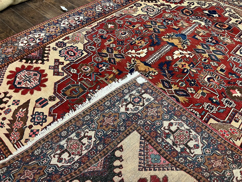 Antique Persian Heriz Rug 8x12 ft, Geometric Tribal Room Sized Carpet, Camel Hair Red Navy Blue, Wool Hand Knotted Medallion Oriental Carpet by Jewel Rugs