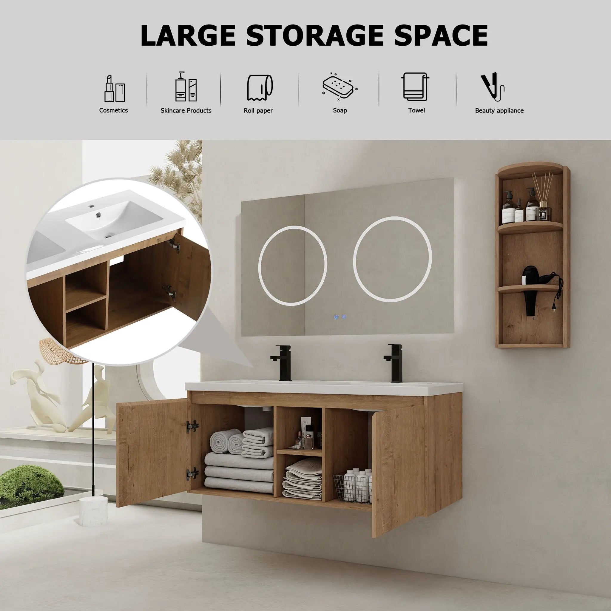 48" Wall Mounted Bathroom Vanity With Double Resin Sink And Storage Rack Soft Close Doors Plywood Construction - Imitative Oak by Unique Piece Furniture