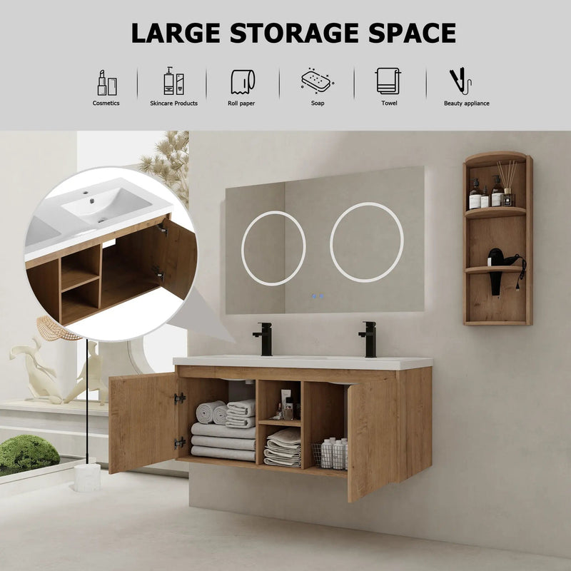 48" Wall Mounted Bathroom Vanity With Double Resin Sink And Storage Rack Soft Close Doors Plywood Construction - Imitative Oak by Unique Piece Furniture
