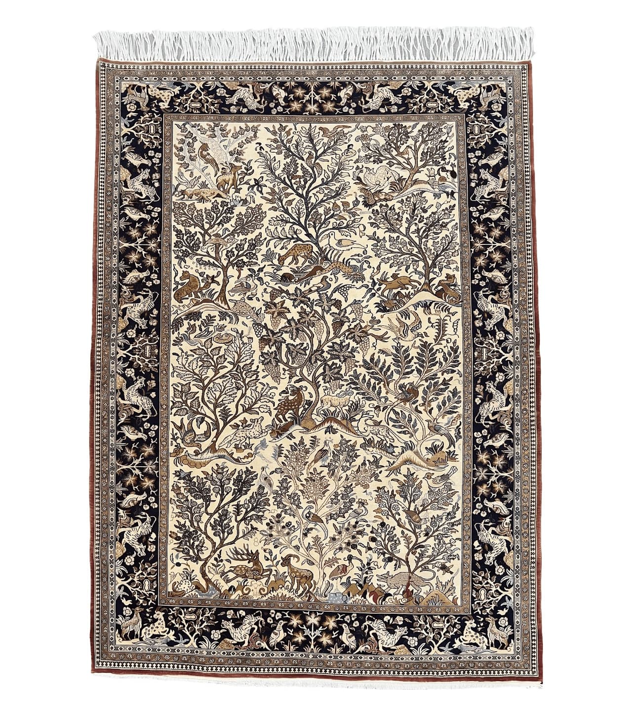 Persian Qum Tree of Life Rug 5x7, Wool and Silk Highlights, Animal Motifs, Vintage Hand Knotted Handmade Cream & Black Fine Oriental Carpet by Jewel Rugs