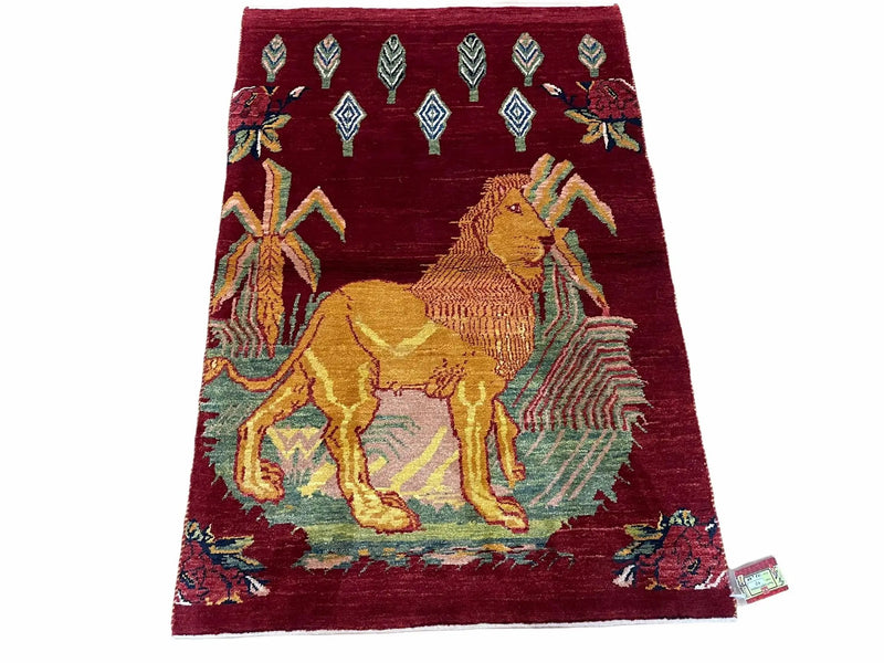 3 X 5 Handmade Rug New Vintage Rug Quality Wool Pictorial Lion Jungle Veg Dyes by Jewel Rugs
