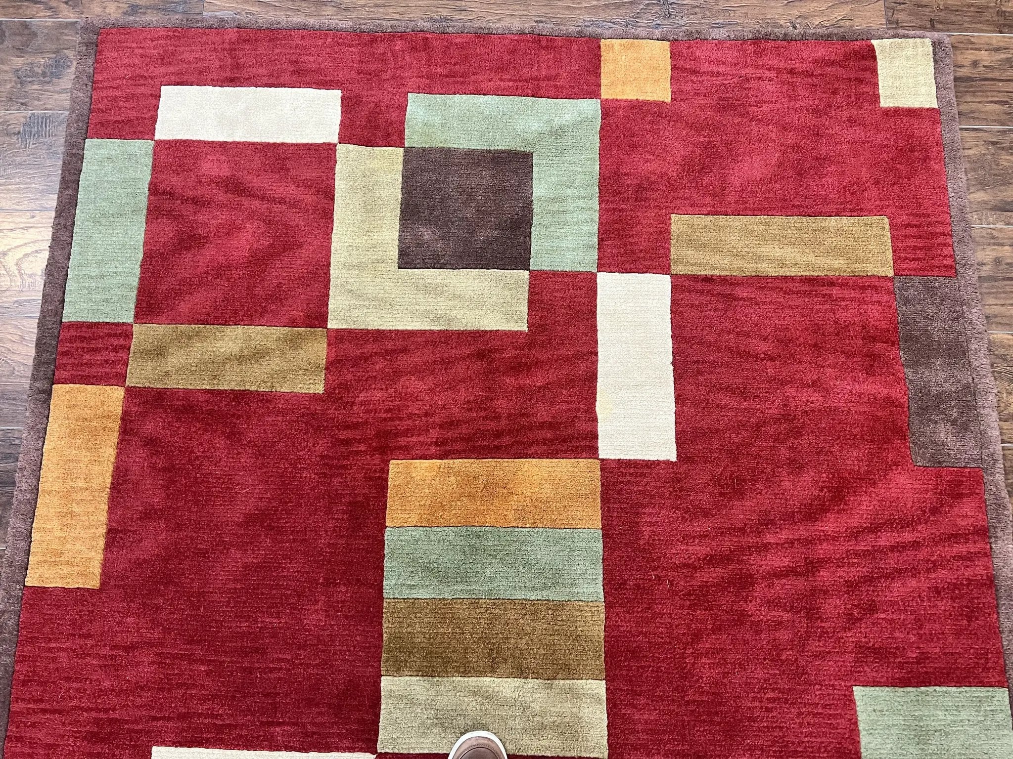 Indo Tibetan Modern Rug 5x8, Abstract Rug 5 x 8 ft, Red Multicolor Wool Handmade Contemporary Area Rug by Jewel Rugs