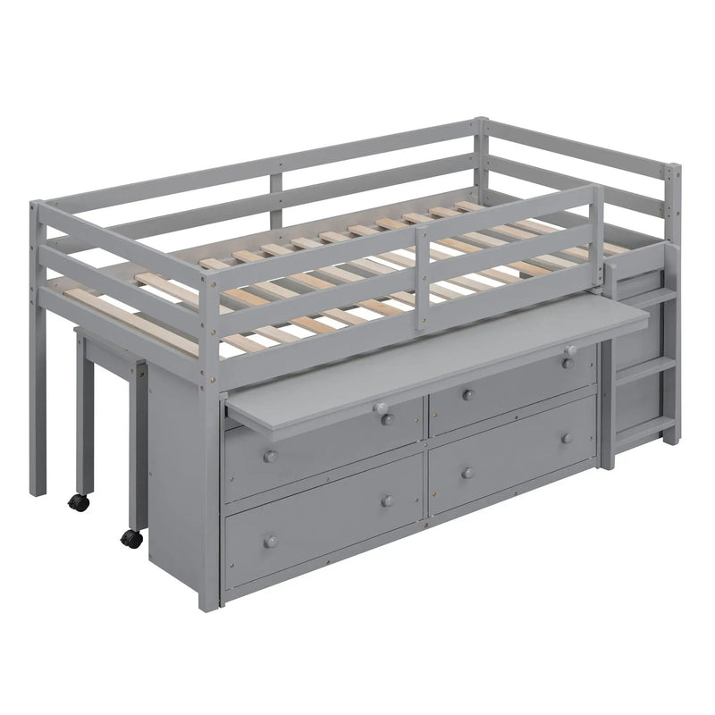 Loft Bed With Retractable Writing Desk And 4 Drawers, With Lateral Portable Desk And Shelves by HouseOfZazla