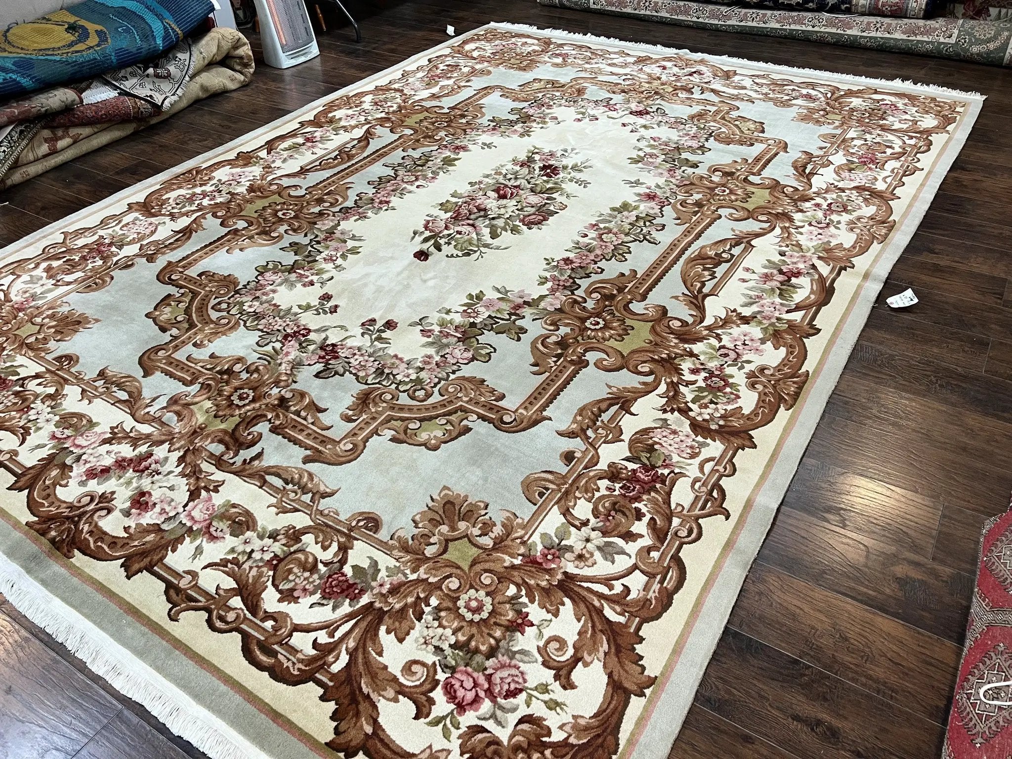 Aubusson Rug 10x13, Cream and Light Mint Green Hand Knotted Handmade French Savonnerie European Carpet, Wool Pile, Large Room Sized Vintage by Jewel Rugs