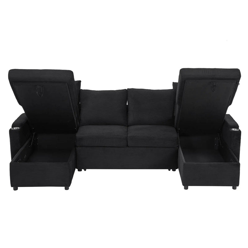 U Shaped Sectional Sofa Bed With Storage Chaise Lounges, USB Ports, And Cup Holders by HouseOfZazla