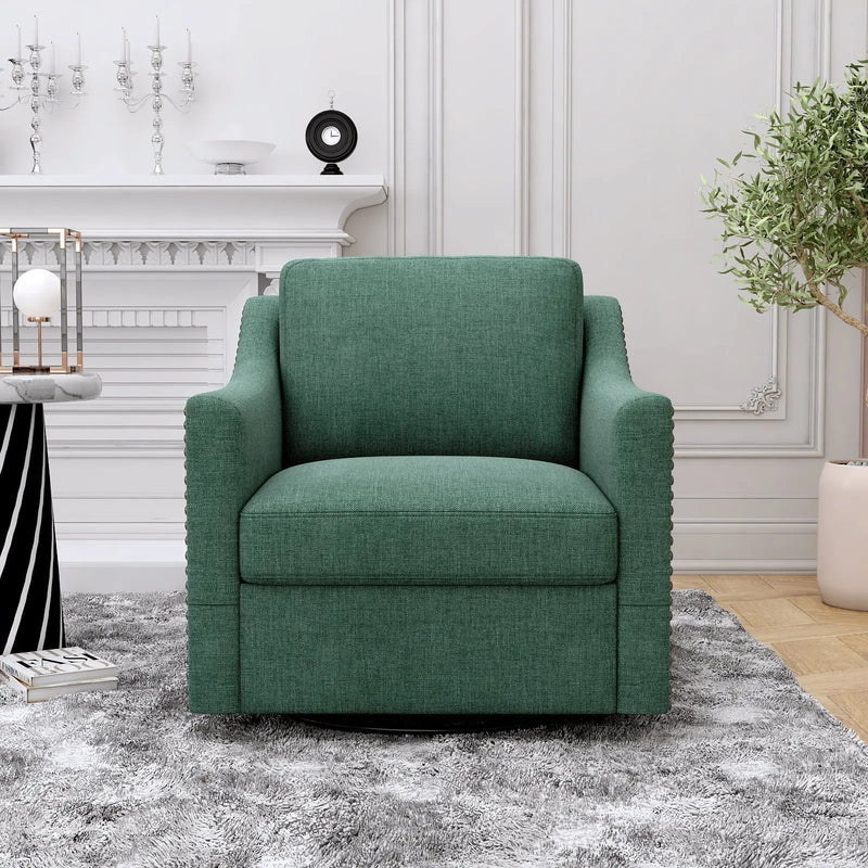 360 Degree Swivel Armchair Cotton Linen Fabric with Brass Nail Detailing by HouseOfZazla