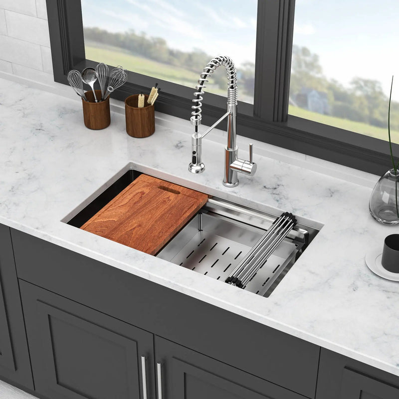 Undermount Kitchen Sink, Single Bowl With Ledge Workstation, 16 Gauge Stainless Steel - Brushed Nickel by HouseOfZazla