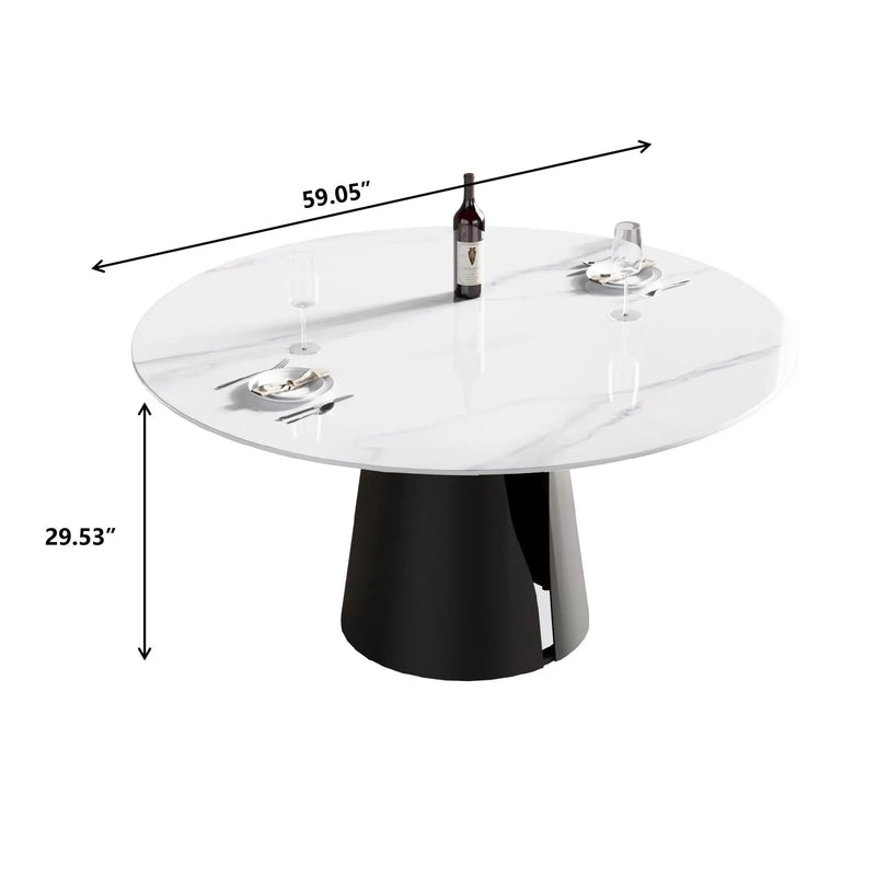 59.05" Modern Artificial Stone Round Carbon Steel Base Dining Table - White / Black by HouseOfZazla