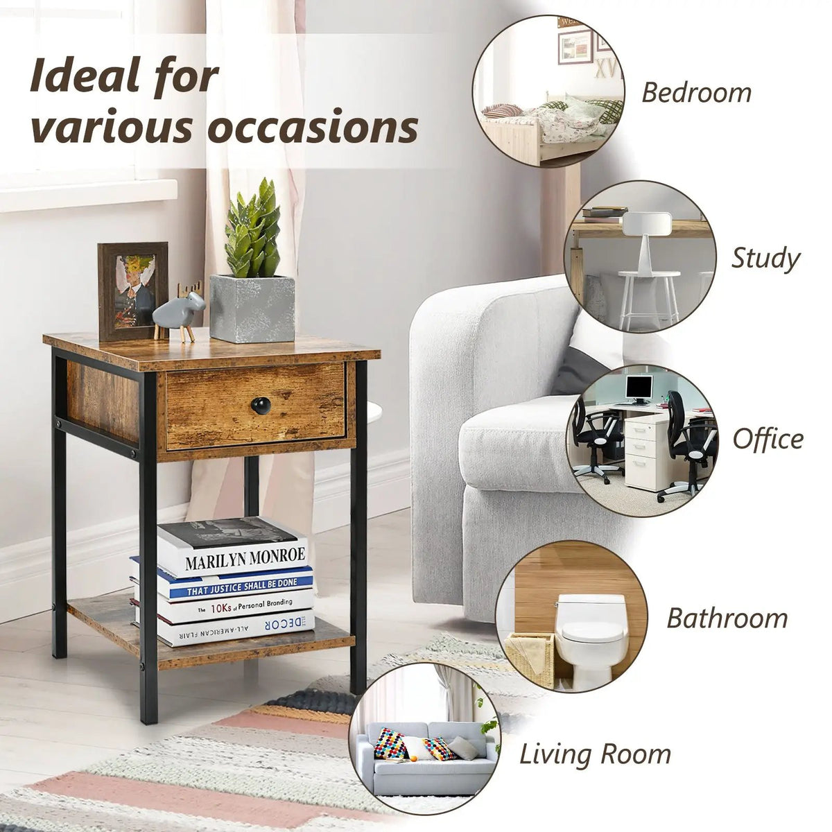 Industrial End Side Table Nightstand with Drawer Shelf, photo 8 of 9