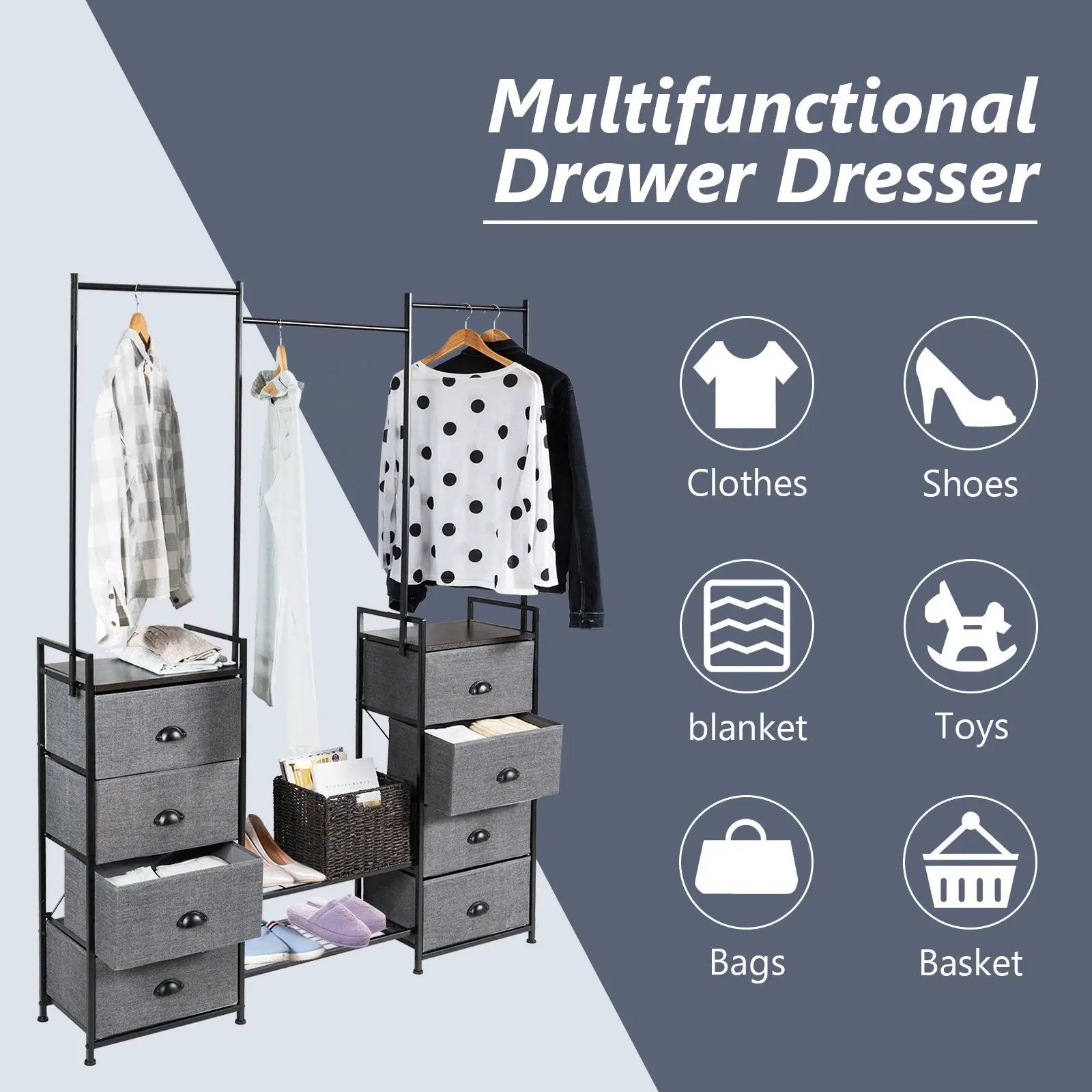 3-in-1 Portable Multifunctional Dresser with 8 Fabric Drawers and Metal Rack by DirectDeals