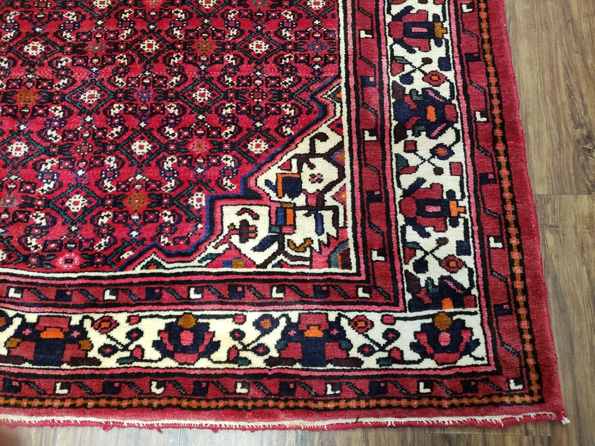 Vintage Persian Hamedan Rug 7x10, Angelas Mahi Pattern, Red, Wool, Hand-Knotted by Jewel Rugs
