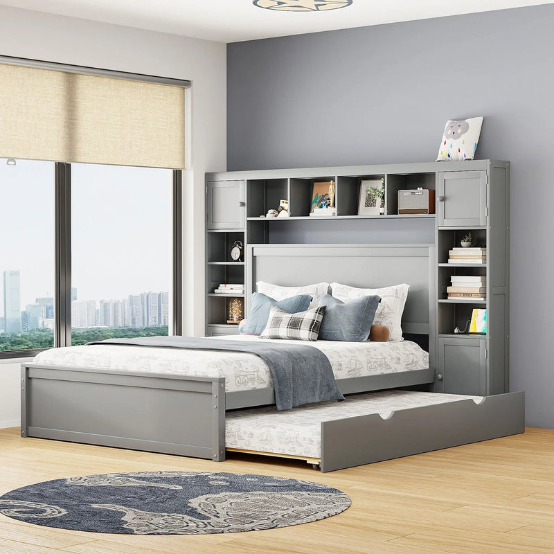 Bed With All In One Cabinet, Shelf And Sockets, Twin Long Trundle by Unique Piece Furniture