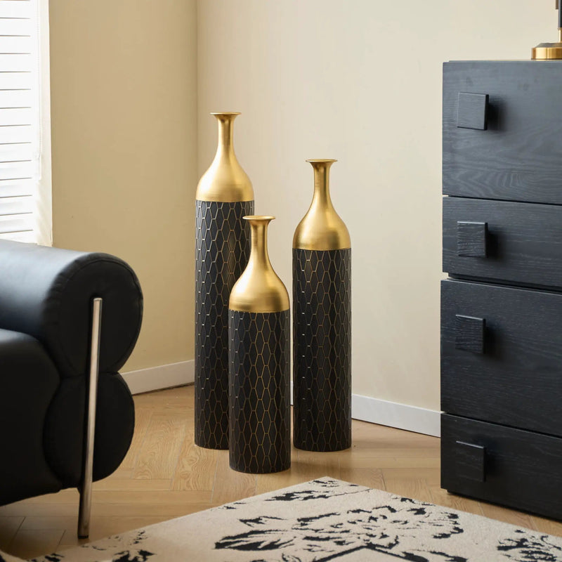 Elegant Floor Vase Set Metal Decorative Vases 3 Piece Set For Floral Display, Wedding & Gift Decor - Gold / Black by HouseOfZazla