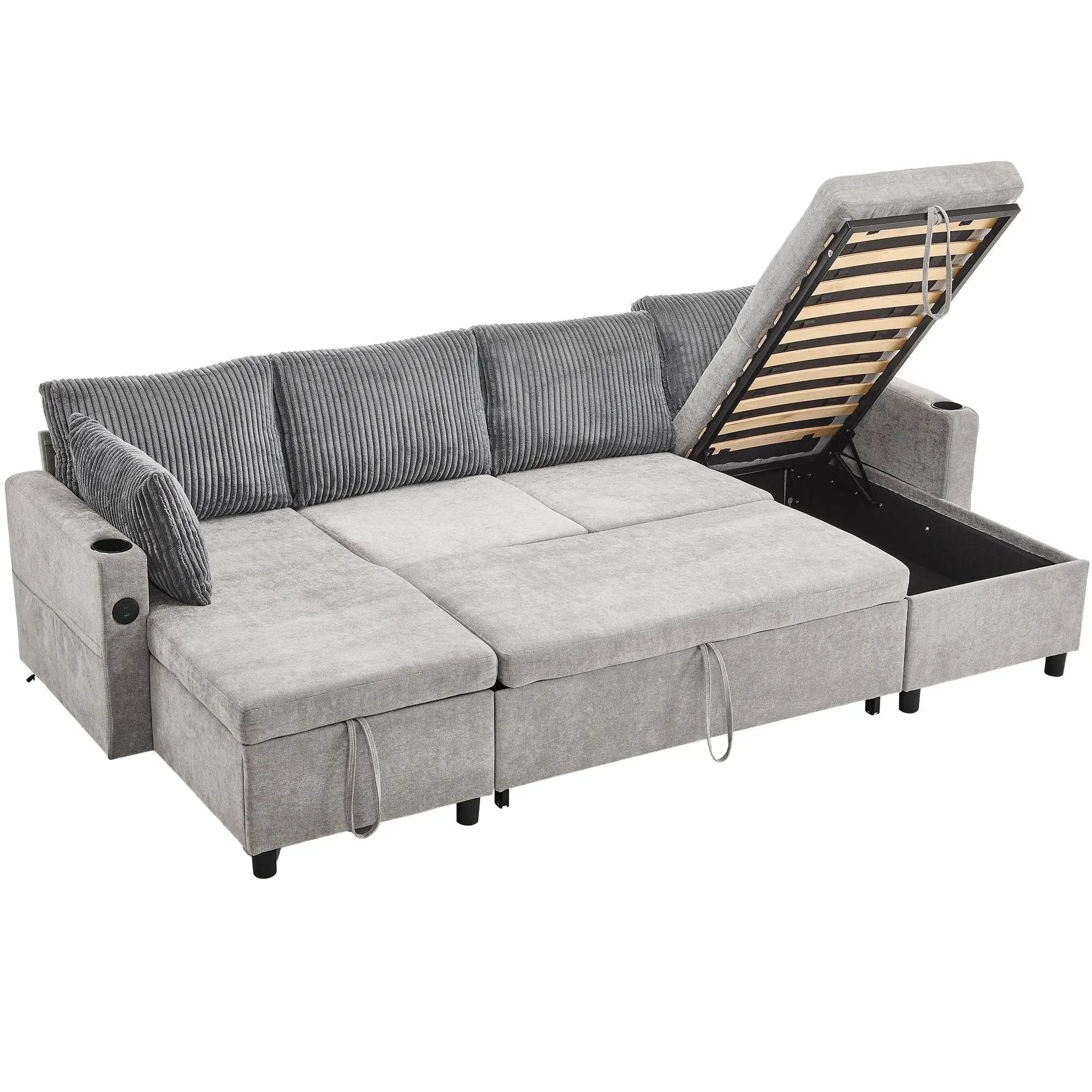 Sectional Sofa Bed With Pull Out Sleeper, USB Ports, Cup Holders by HouseOfZazla