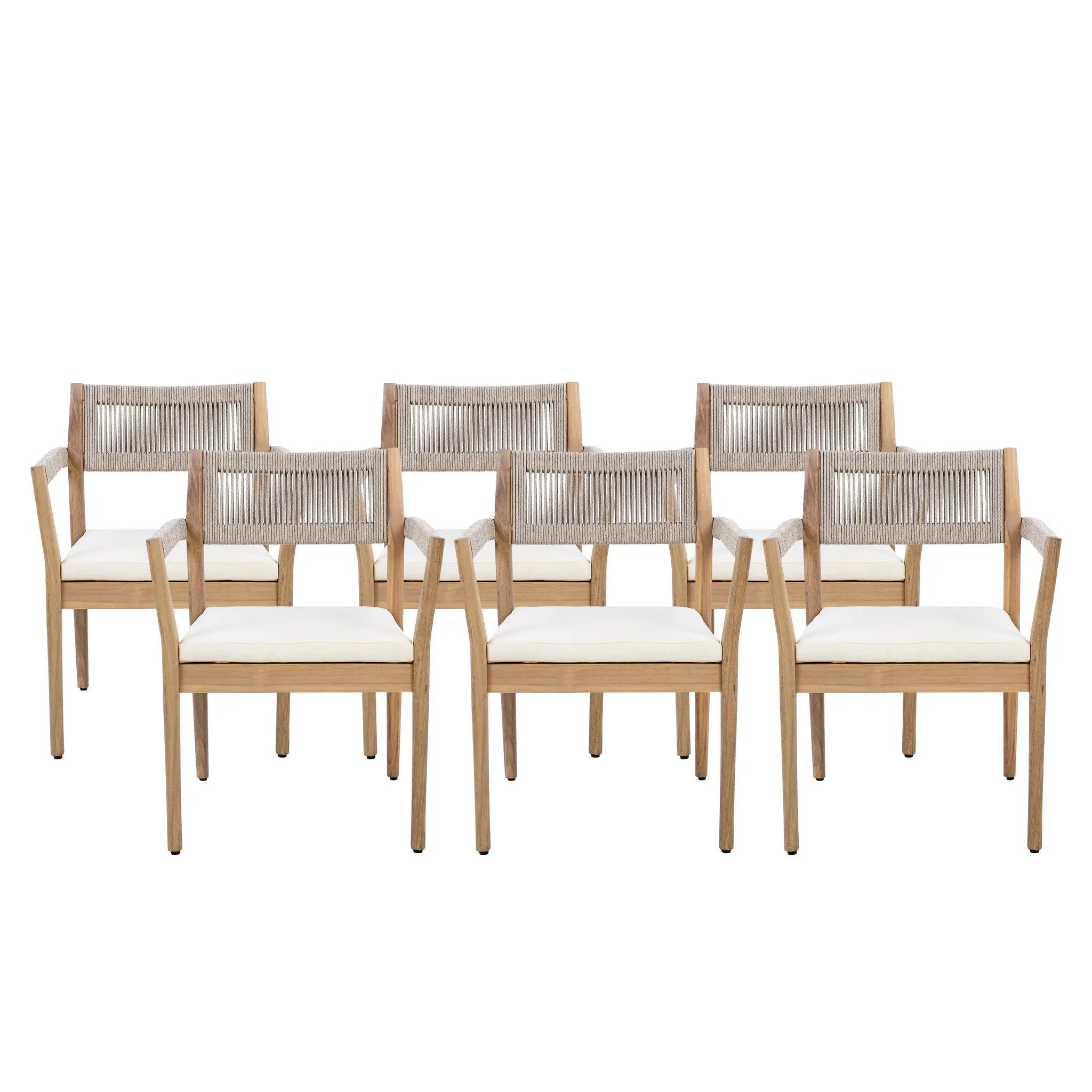 Braided Acacia Wood Outdoor Dining Chairs Set of 2 – Teak Look with Beige Rope & Cream Cushions by HouseOfZazla