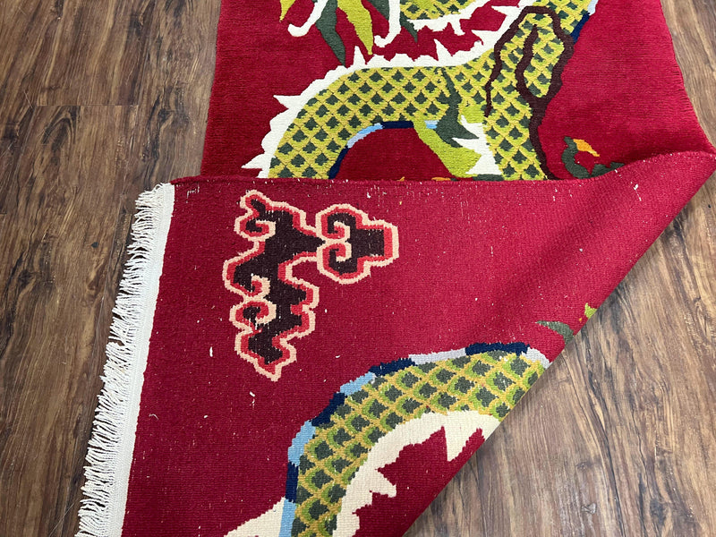 Vintage Chinese Dragon Rug 3 x 6.8, Handmade Hand Knotted Red Chinese Carpet with Gold Dragon, Art Deco Peking Soft Chinese Rug Runner by Jewel Rugs