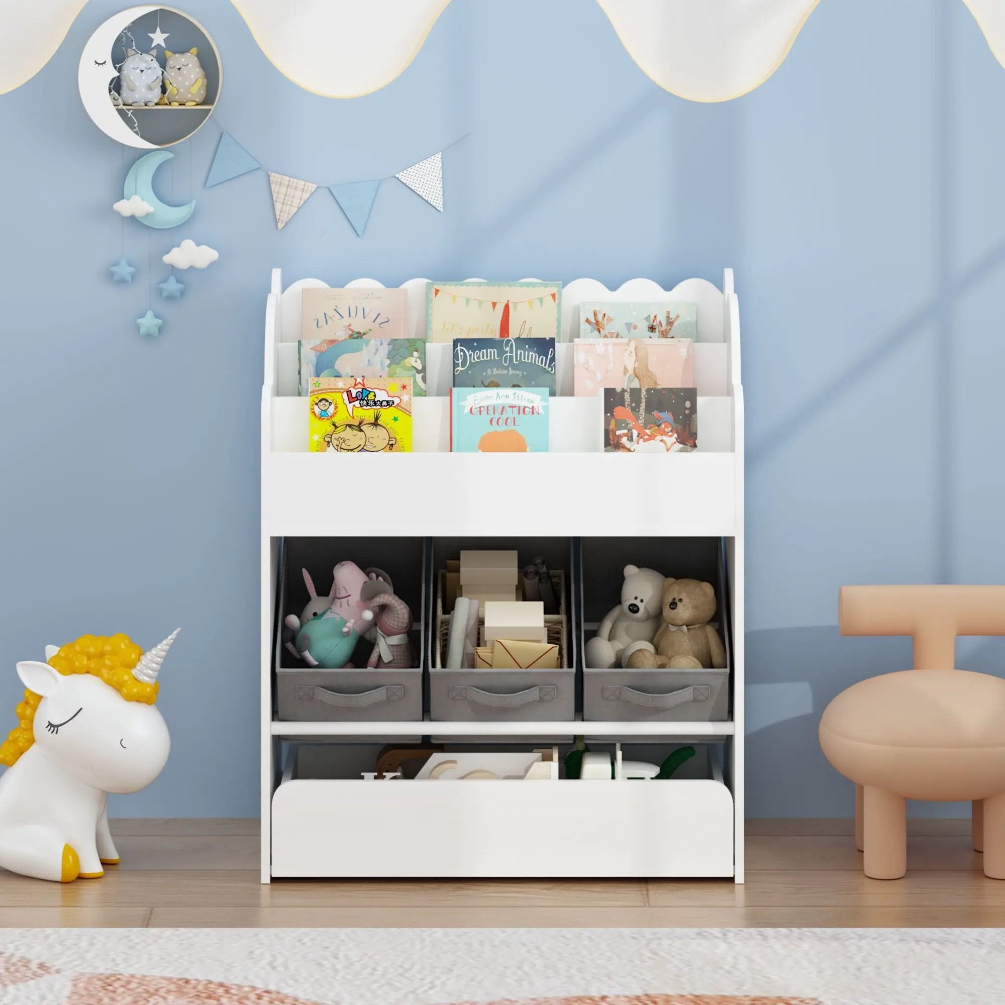 Bookshelf With Storage Bins And Drawer, Multi Functional Book Organizer For Toddlers - White by Unique Piece Furniture
