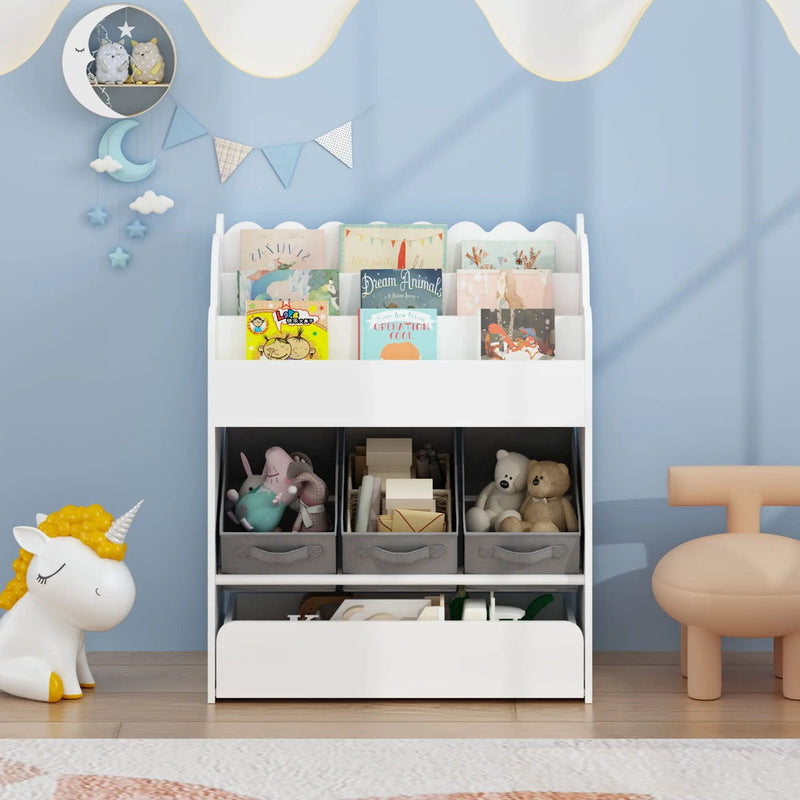 Bookshelf With Storage Bins And Drawer, Multi Functional Book Organizer For Toddlers - White by Unique Piece Furniture