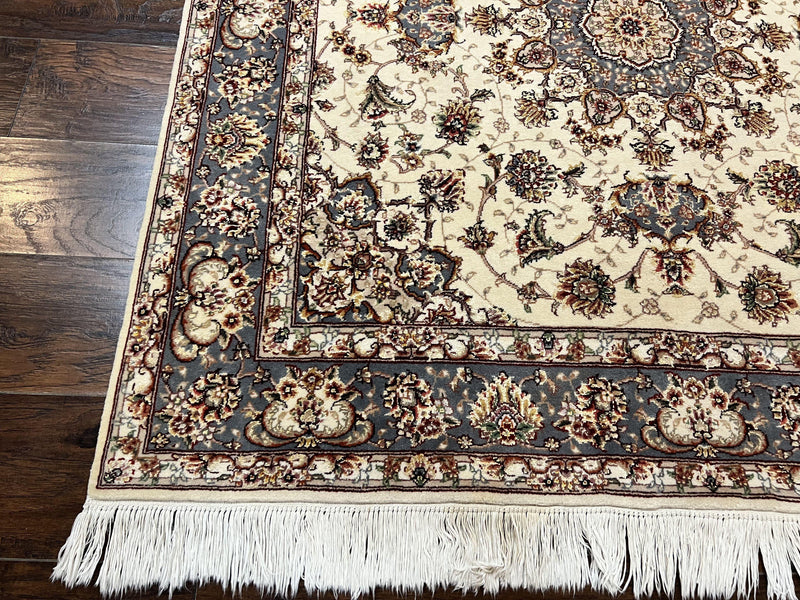 Sino Persian Square Rug 5x5, Very Fine Oriental Carpet, Wool & Silk Highlights, Ivory, Hand Knotted Handmade Vintage Traditional Rug by Jewel Rugs