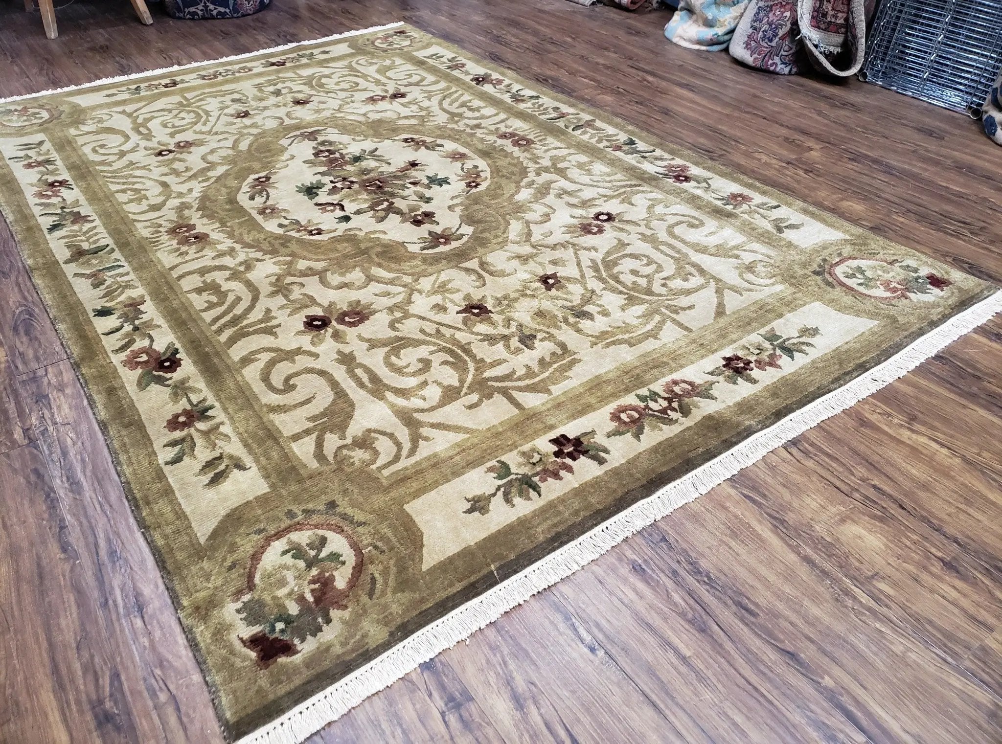 Vintage Nepali Tibetan Aubusson Rug 6x9, Wool Hand-Knotted Cream Beige Carpet, Leaves & Floral Pattern 6 x 9 Soft Area Rug Home Office Rug by Jewel Rugs
