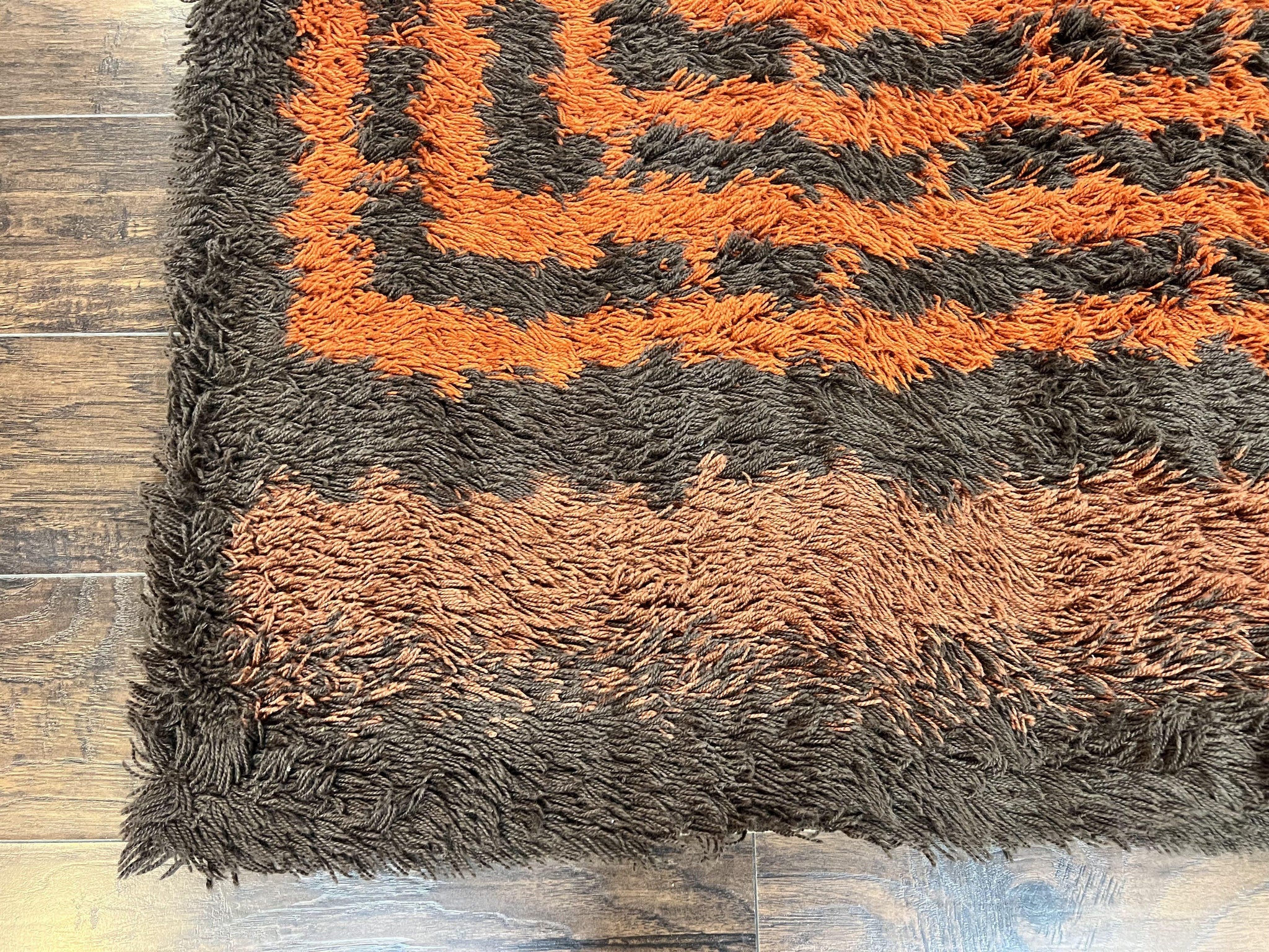 Vintage Rya Shag Rug 4.6 x 6.6, Abstract Design, Brown and Orange, Mid Century Danish Rya Carpet by Jewel Rugs