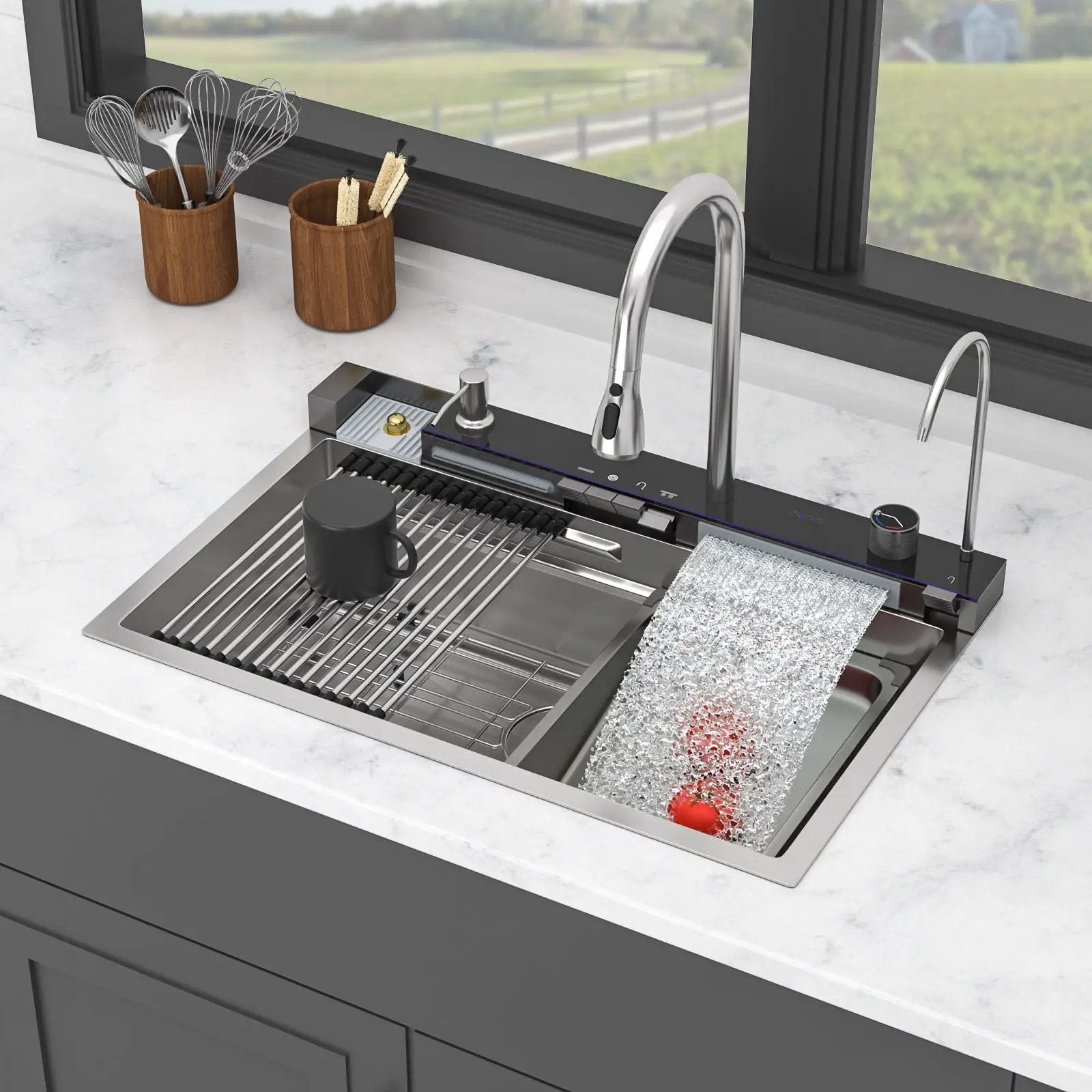 Kitchen Waterfall Sink Single Bowl With LED Faucet, Ledge Workstation, And Multi Function Pull Out Spray - Brushed Nickel by HouseOfZazla