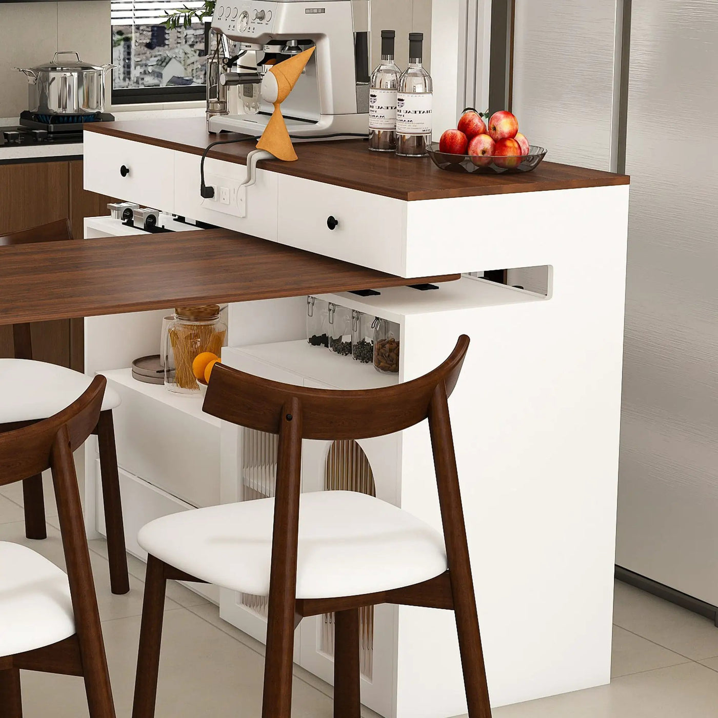 Retro Kitchen Island Set With Chairs, Extendable & Rotating Table, 4 Drawers & Door Cabinets by Unique Piece Furniture