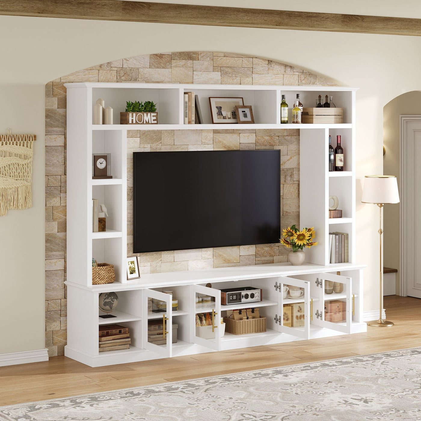 All-In-One Entertainment Center With Bookshelves & Tempered Glass Doors, TV Console Unit For Living Room by Unique Piece Furniture