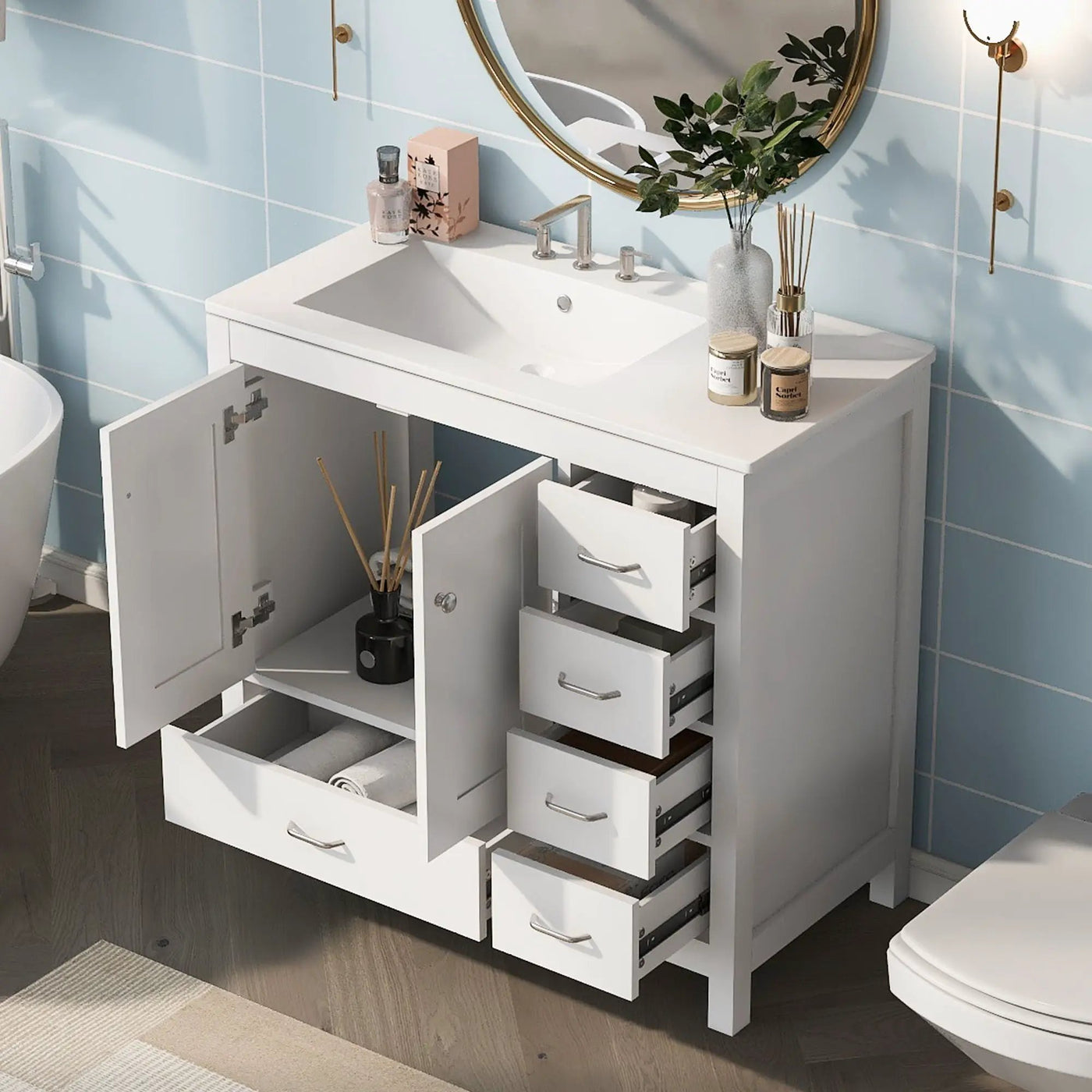 Bathroom Vanity With Ceramic Sink Combo, Abundant Storage Cabinet 2 Soft Close Doors And 5 Drawers by Unique Piece Furniture